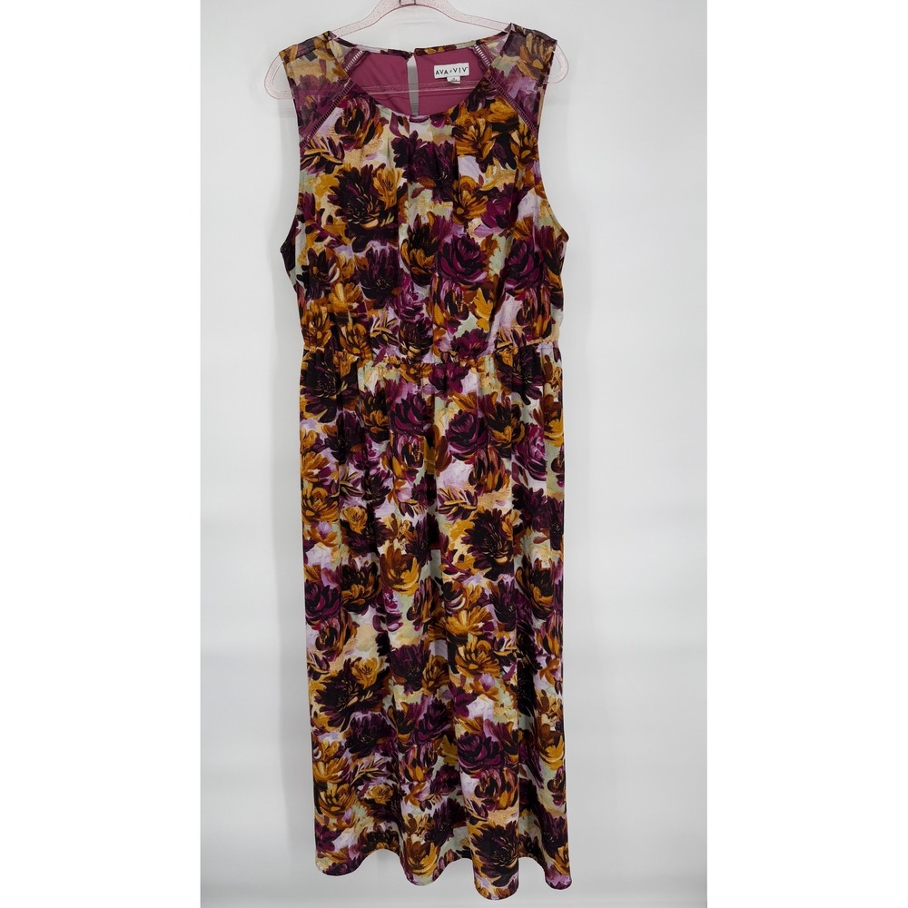 AVA&VIV Womens Plus Size 1X Floral Sleeveless Midi Dress Burgundy Yellow